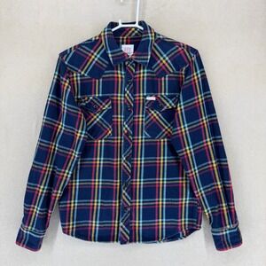 Topo Designs Plaid Western Button Up Flannel Shirt Men's Medium‎ Navy Blue